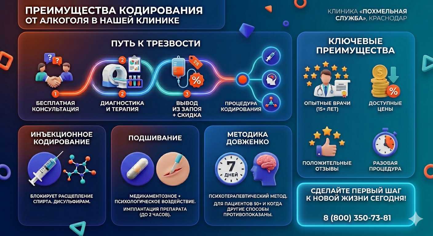 Инфографика о методах кодирования от алкоголя в Краснослободске: инъекции, подшивание, метод Довженко. Преимущества клиники и этапы лечения.