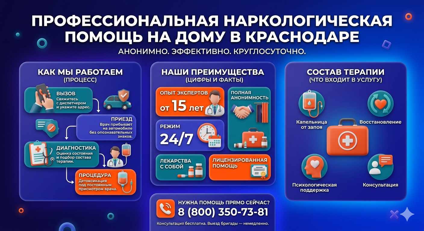 Инфографика о принципах лечения алкоголизма на дому в Краснослободске: этапы вызова нарколога, преимущества анонимной детоксикации и состав медицинской помощи.